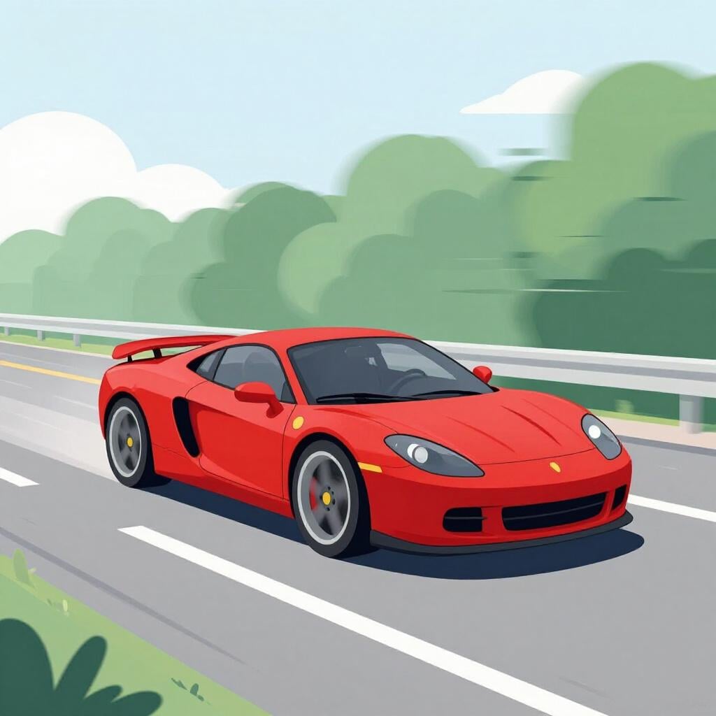 A colorful sports car moving very fast with blurred lines behind it to show increasing speed.