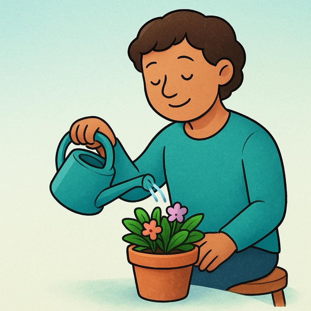 A simple illustration of a person watering a small green plant in a pot with a watering can, demonstrating a relaxing and comforting self-care activity.