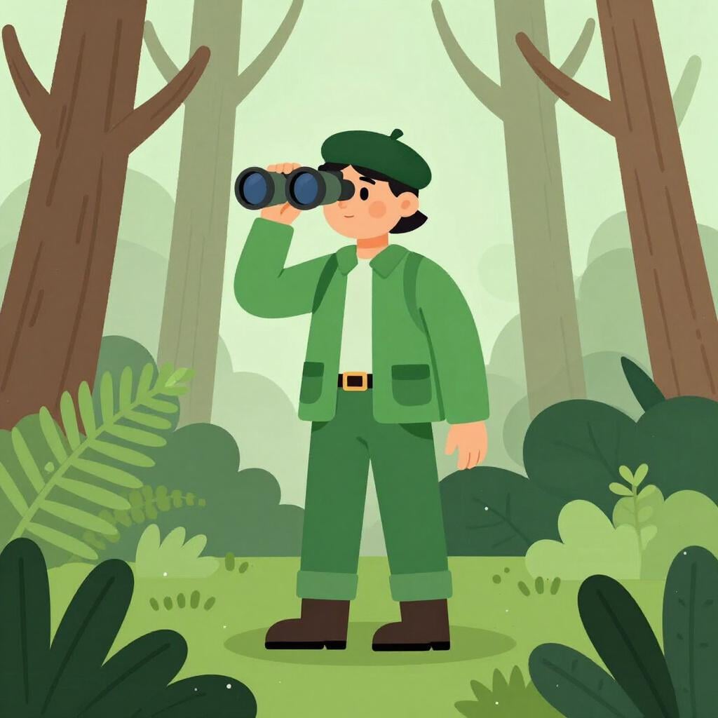 A person in a simple green jacket and a beret standing in a dense jungle, holding a pair of binoculars.