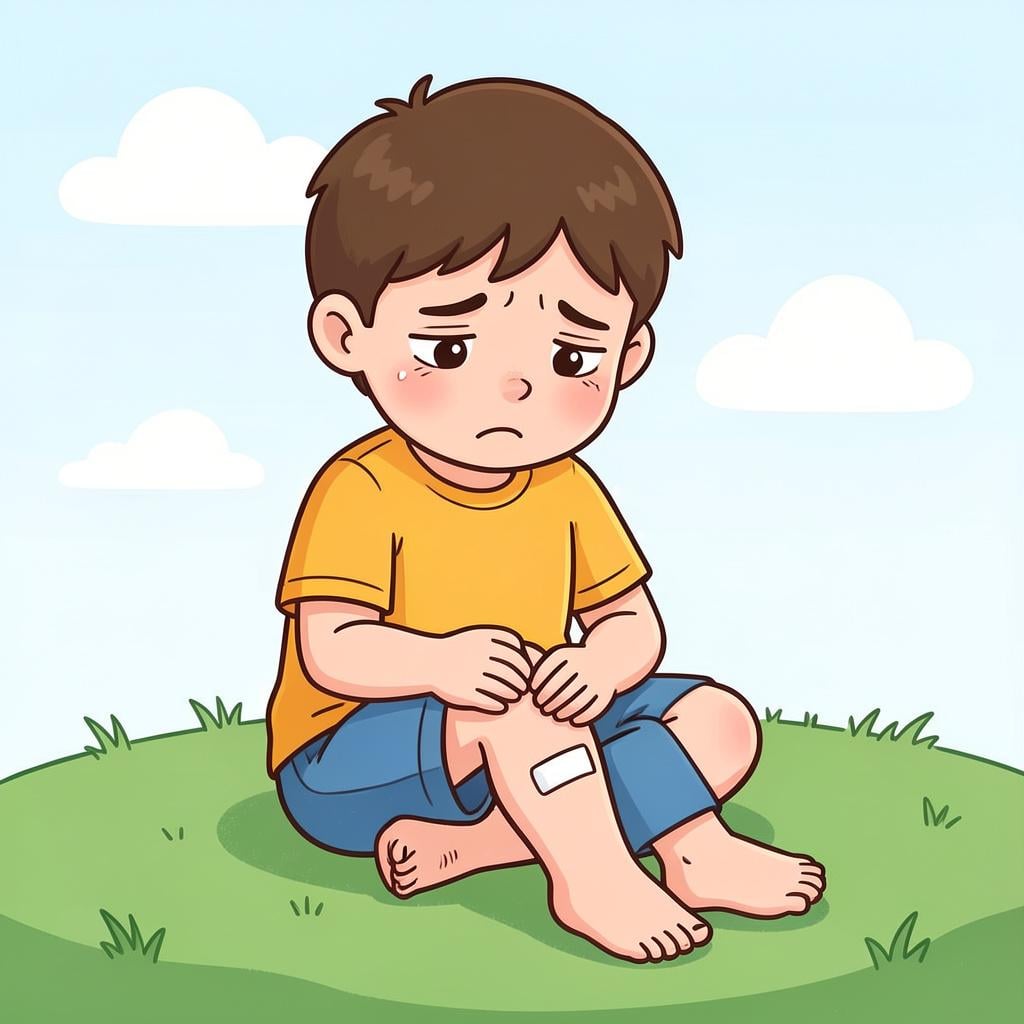 A sad child sitting on the grass holding a bandaged knee with a single tear on their cheek.