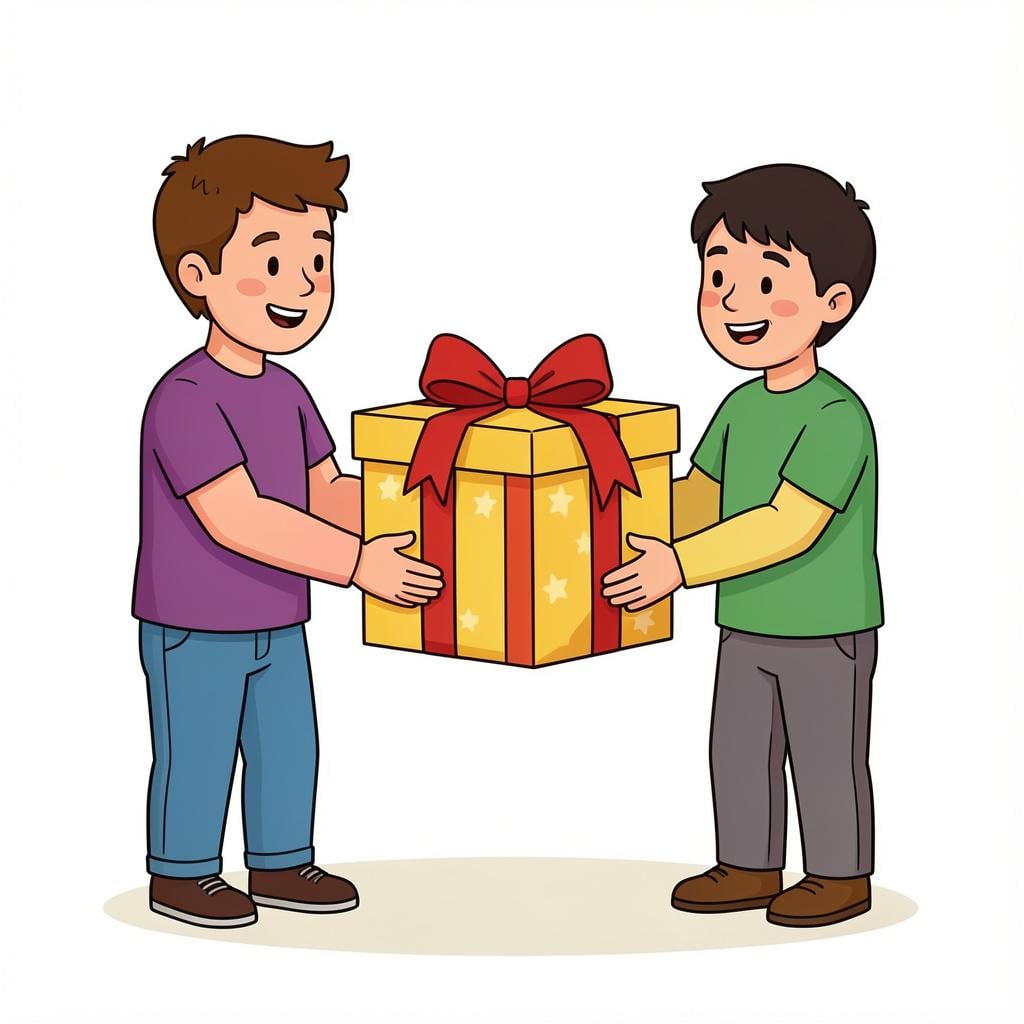 A person with a kind smile handing a large, brightly wrapped gift box with a big bow to a friend.