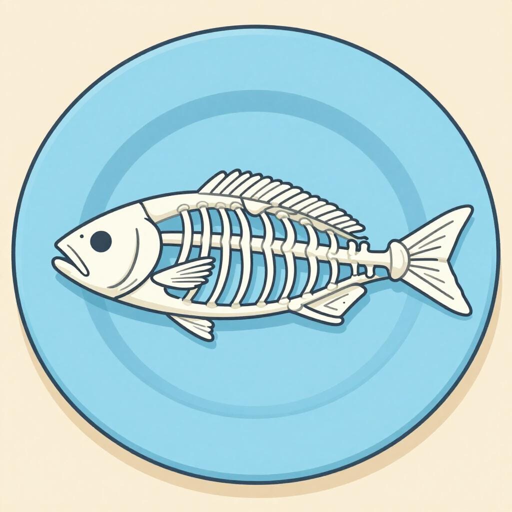 A clean, white fish skeleton showing the spine and ribs on a blue plate.