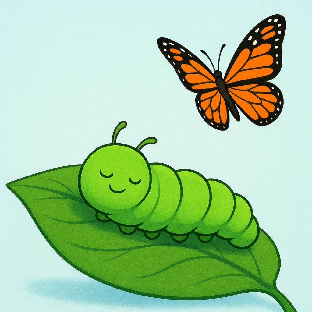 A vibrant green caterpillar sits on a large green leaf. Nearby, a colorful monarch butterfly is flying away, symbolizing the transformation that occurred previously.