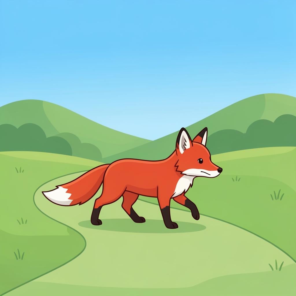 A small red fox walking forward on a grassy path toward a bright sun.