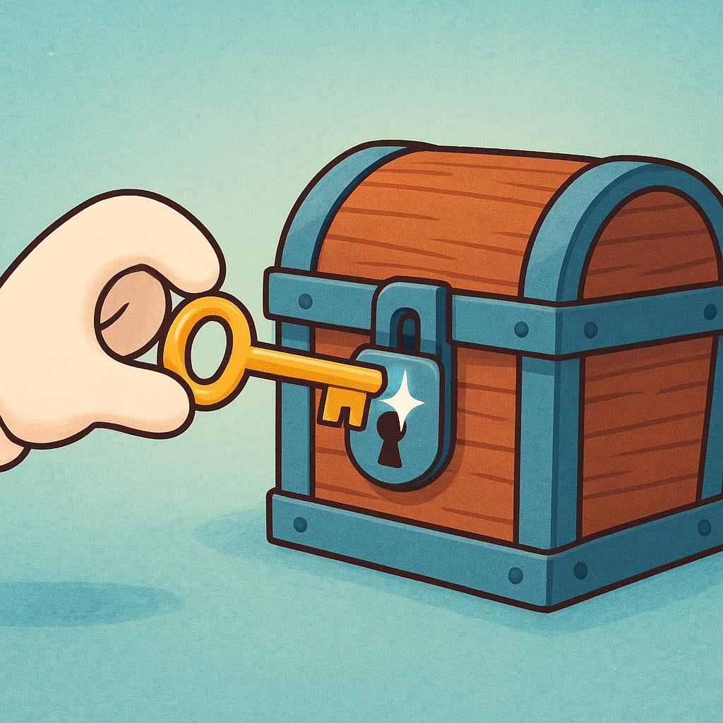A cartoon hand holding a shiny golden key, placing it into the lock of a large, sturdy treasure chest, symbolizing authorized use.