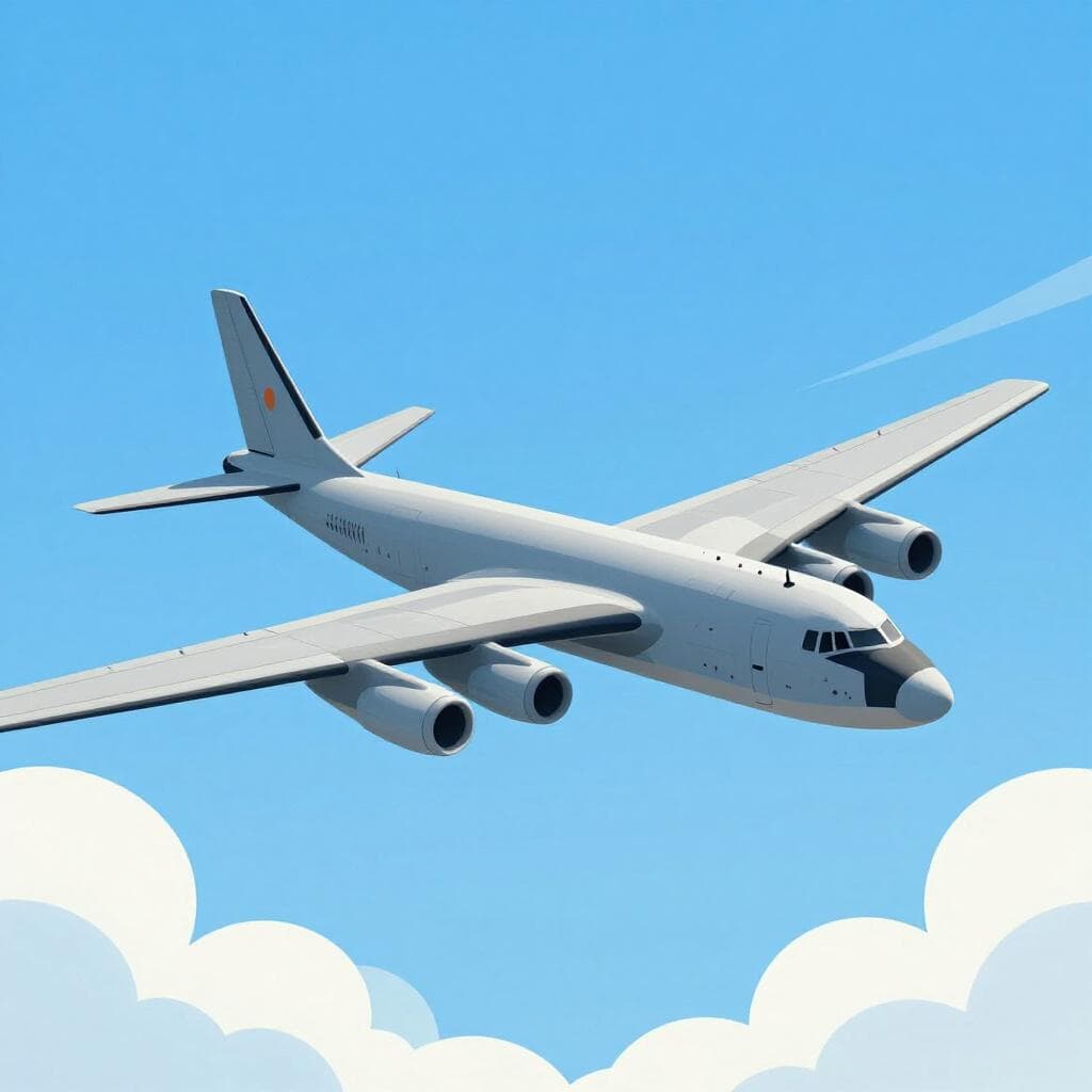 Un gros avion militaire gris volant haut au-dessus de nuages blancs et cotonneux.