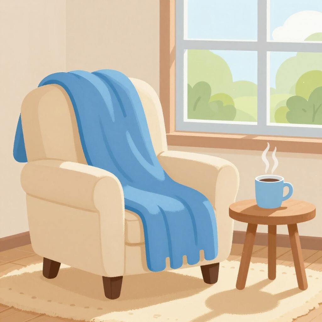 A cozy scene featuring a warm cup of tea and a soft blanket on a comfortable chair near a sunlit window.
