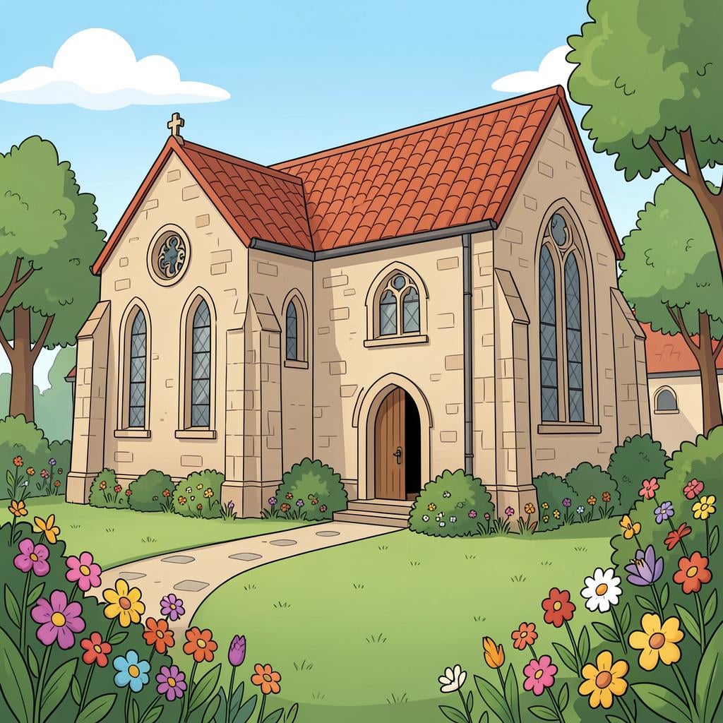 A peaceful stone building with arched windows and a garden, representing a convent.