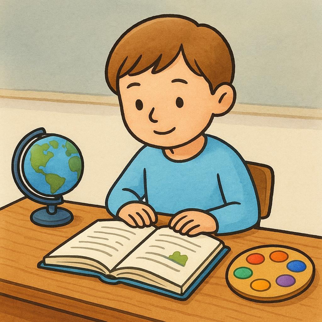 A student sitting at a desk with an open book, surrounded by objects representing different academic subjects: a globe, a beaker, and a paint palette.