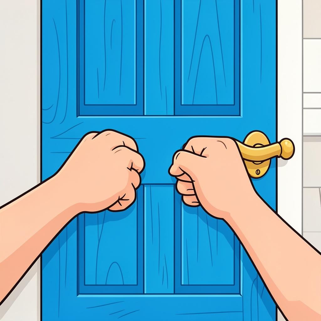 Two hands knocking on a bright blue wooden door.