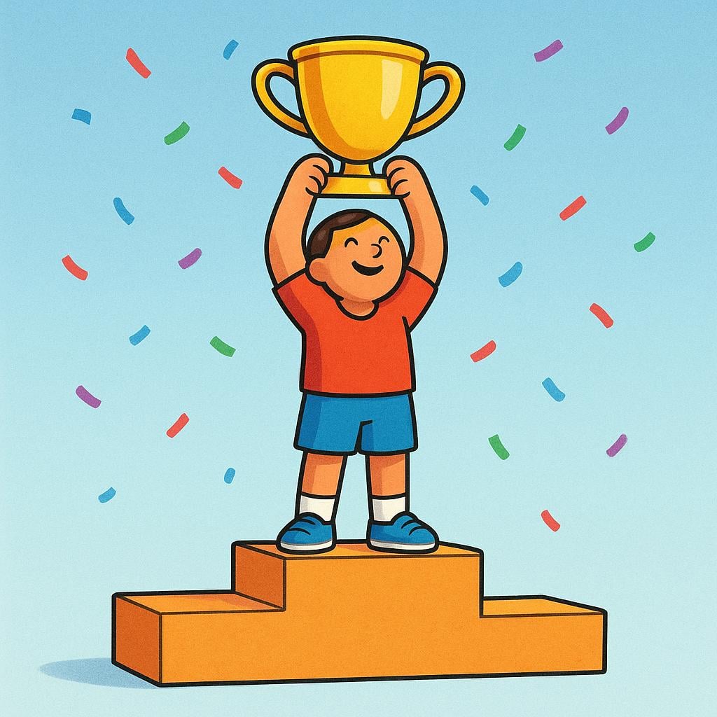A triumphant stylized figure standing on the highest step of a podium, raising a large golden trophy high above their head.