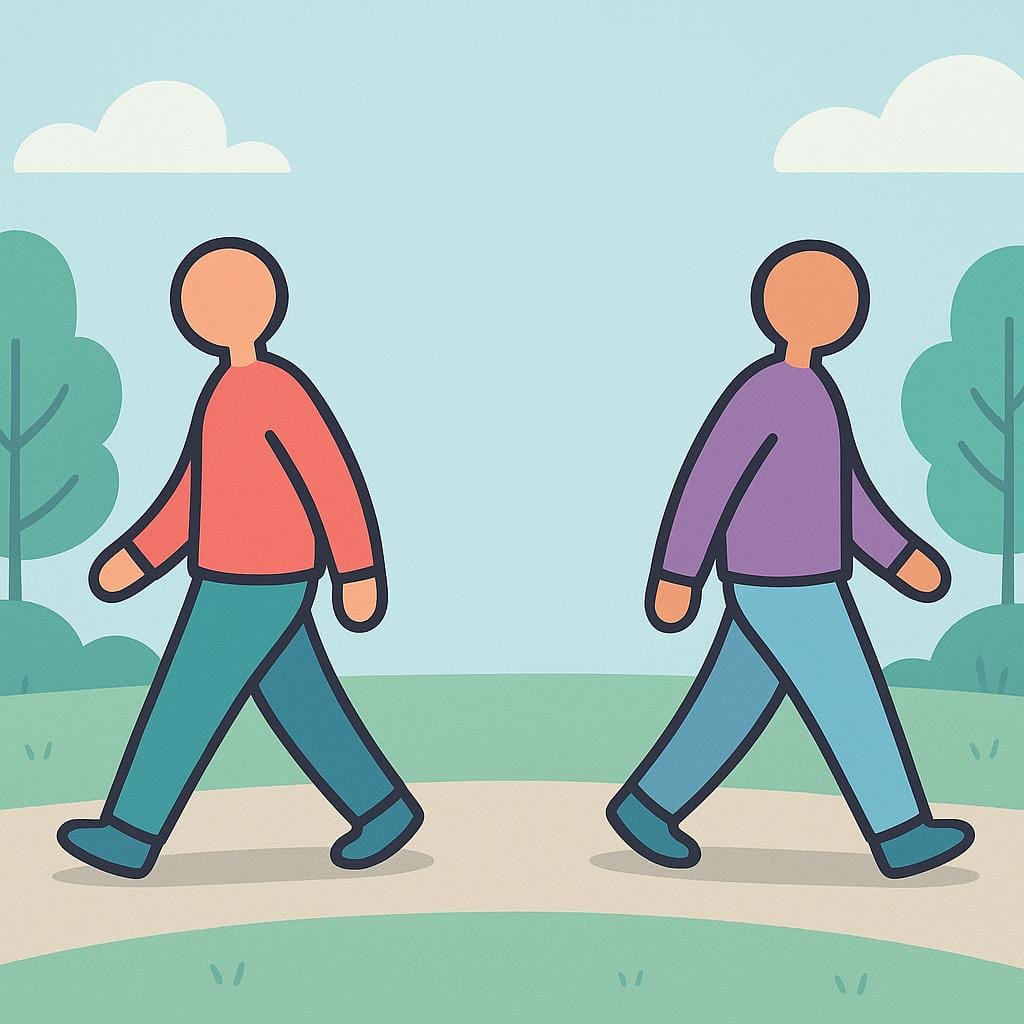 Une illustration simple montrant deux silhouettes simplifiées debout sur un chemin, se tournant le dos et s'éloignant dans des directions opposées, symbolisant la fin d'une relation.