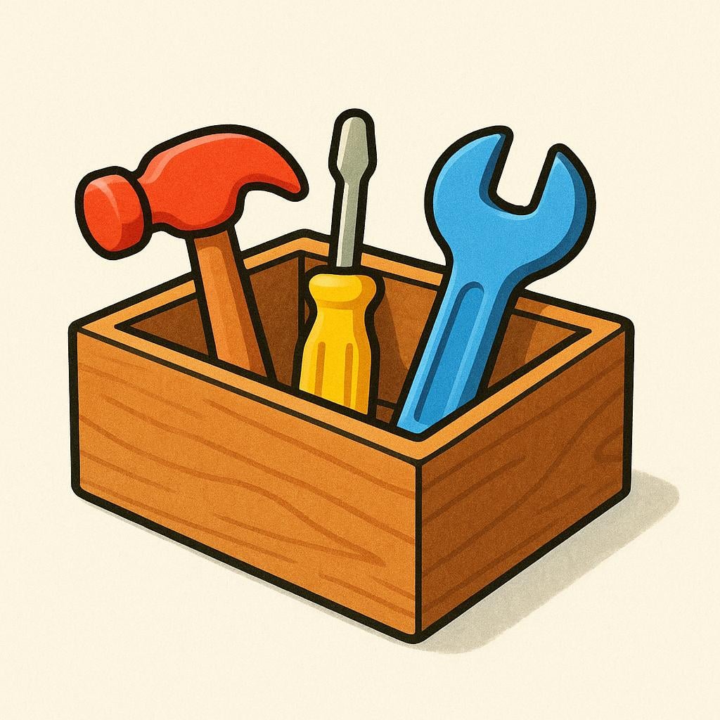 A small, open wooden box containing three distinct tools: a red hammer, a yellow screwdriver, and a blue wrench, illustrating a collection of components.