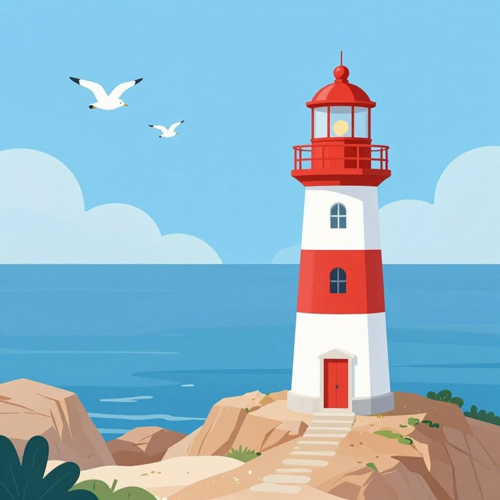 Een klassieke vuurtoren op een rotsachtige kust onder een helderblauwe hemel met zachte golven.