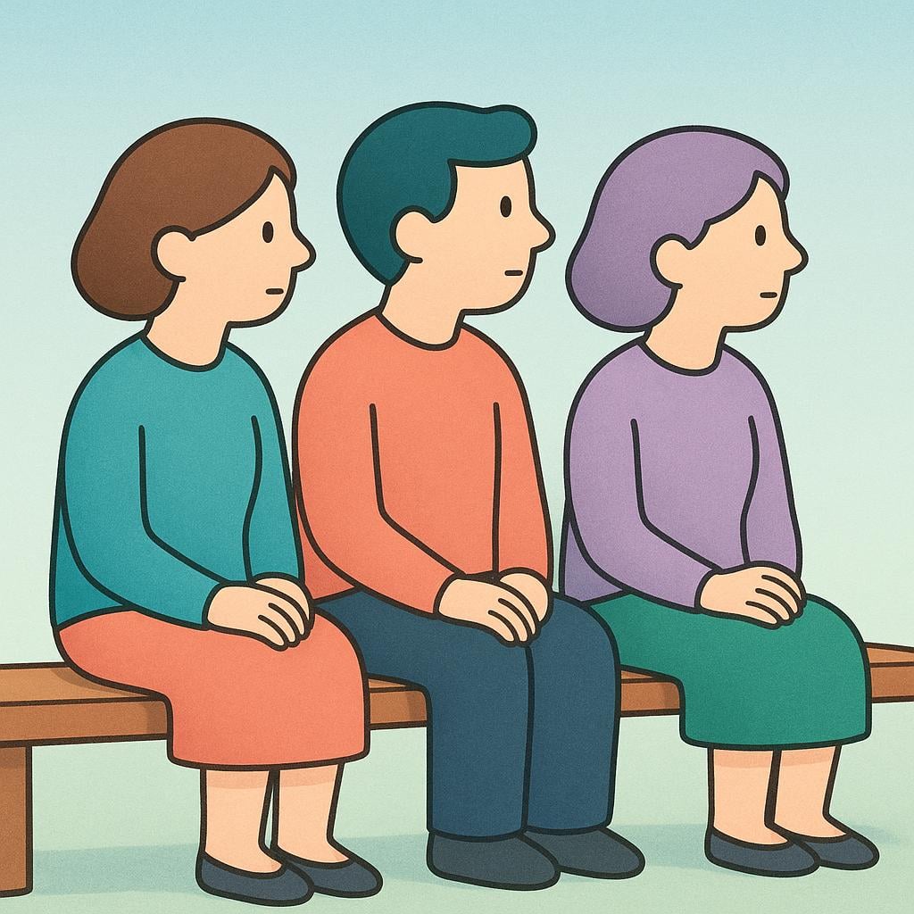 An illustration of three people sitting calmly on a public bench, all facing the same direction, indicating they are waiting for transportation or an event.