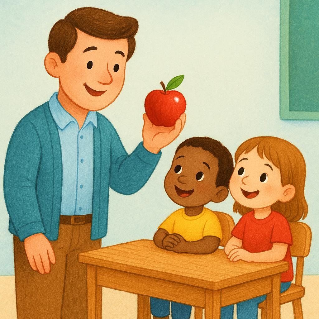 A friendly male teacher standing at a low desk in a colorful classroom, holding up a bright red apple for two small, attentive children.