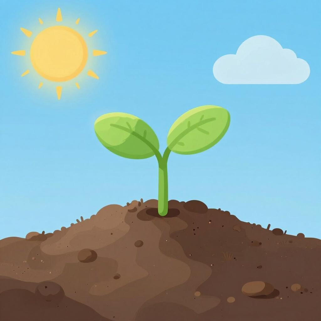 Een klein groen plantje dat uit rijke bruine aarde groeit met een heldere zon die op de achtergrond schijnt.