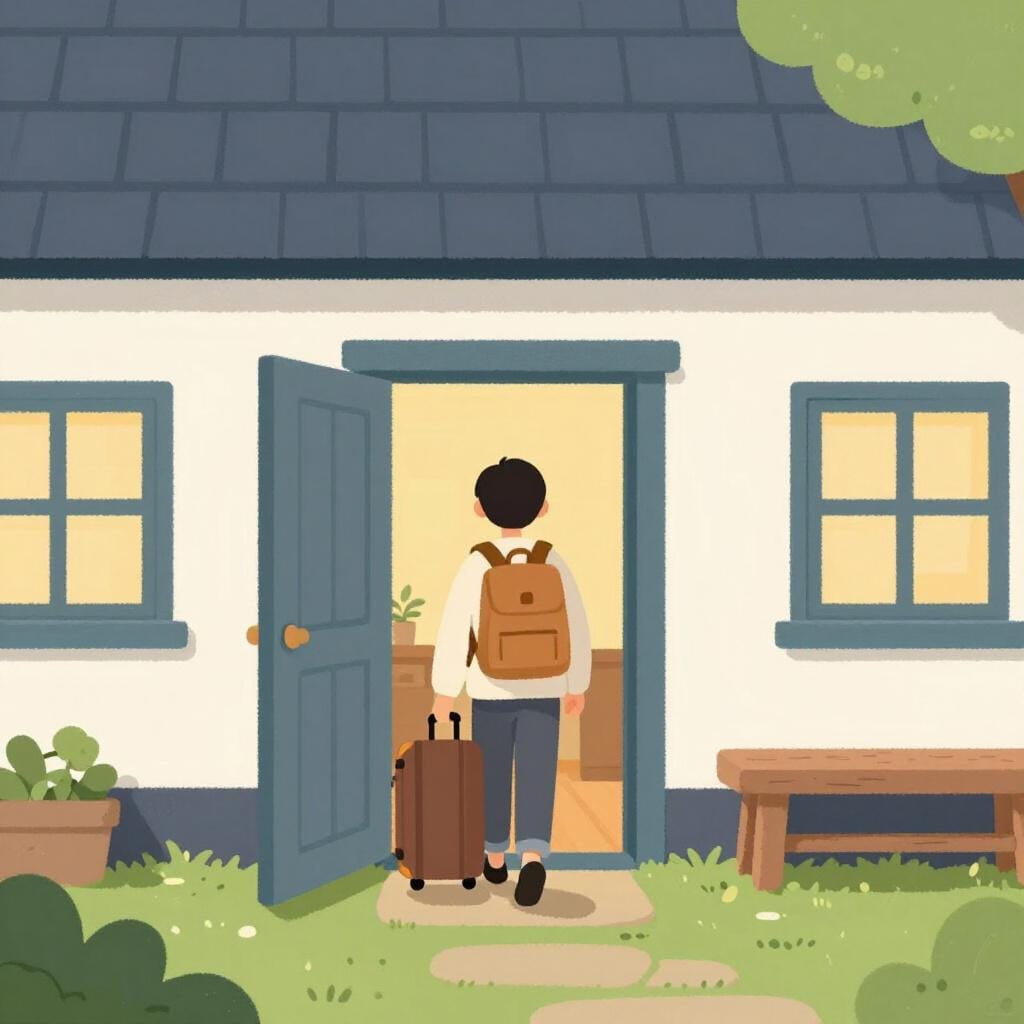 A traveler with a backpack walking through a front door into a cozy house.