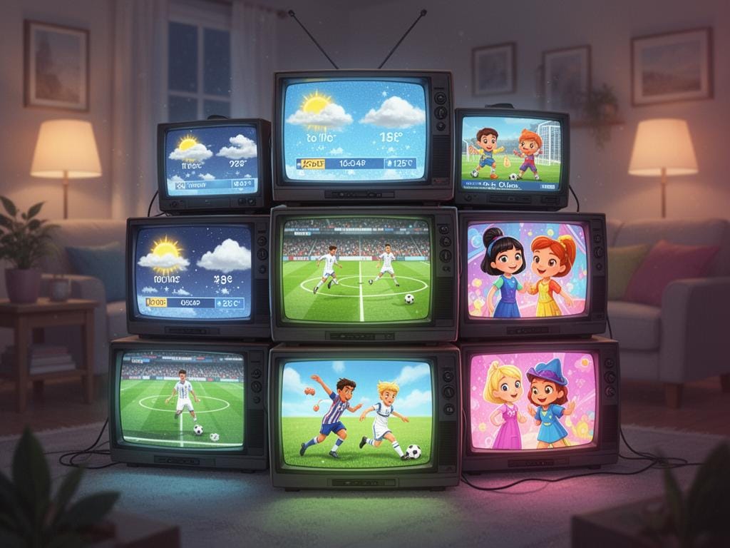A collection of colorful television screens displaying different programs like news, sports, and cartoons.