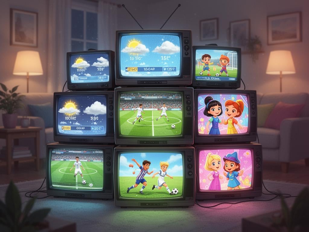 A collection of colorful television screens displaying different programs like news, sports, and cartoons.