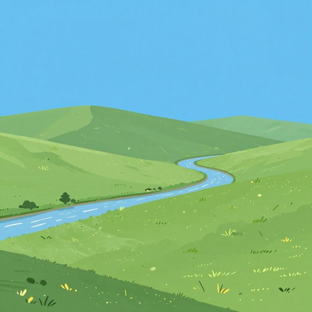 A wide landscape view of rolling green hills and a blue sky under a bright sun.