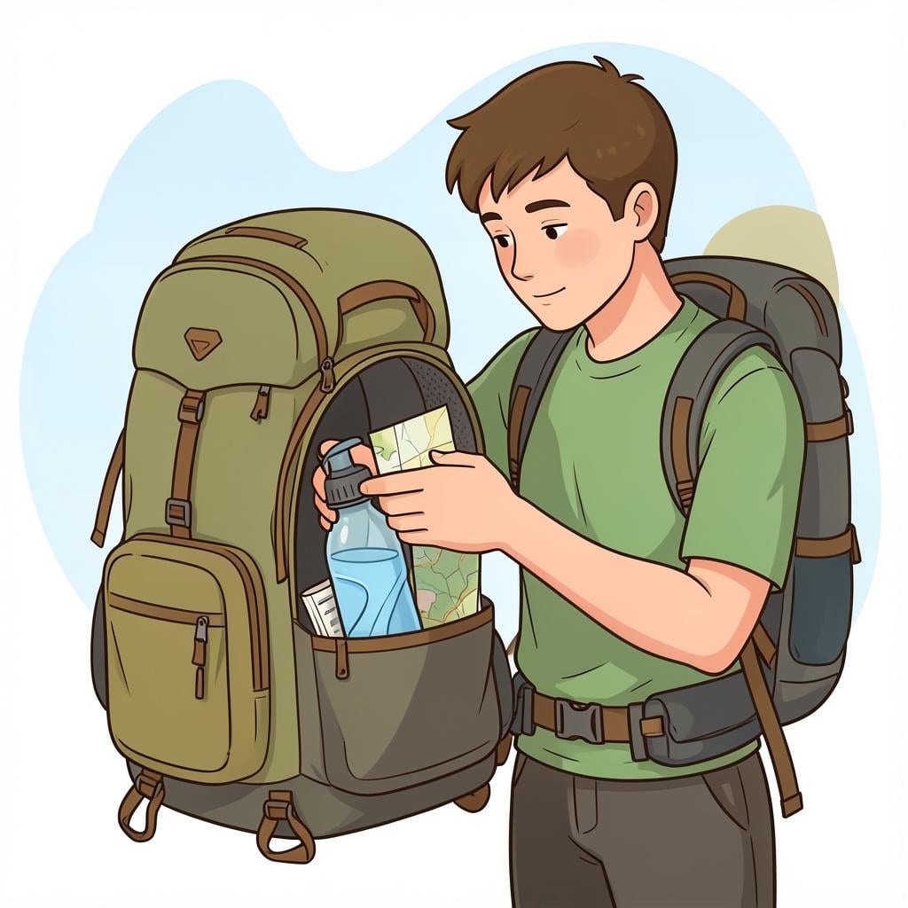 A person packing a sturdy backpack with a water bottle and a map for a hike.