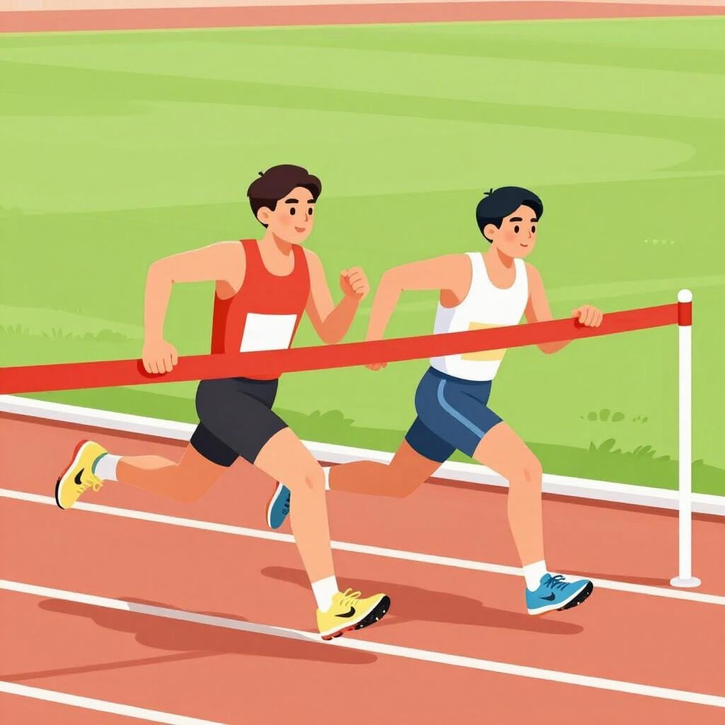 Two runners in colorful athletic gear racing towards a bright finish line ribbon on a sunny track.