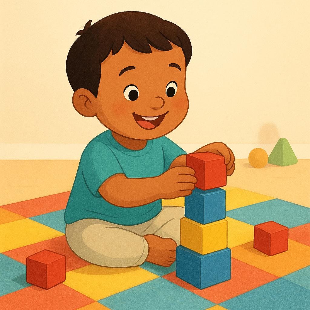 A joyful child sitting on a colorful rug, stacking large wooden building blocks.