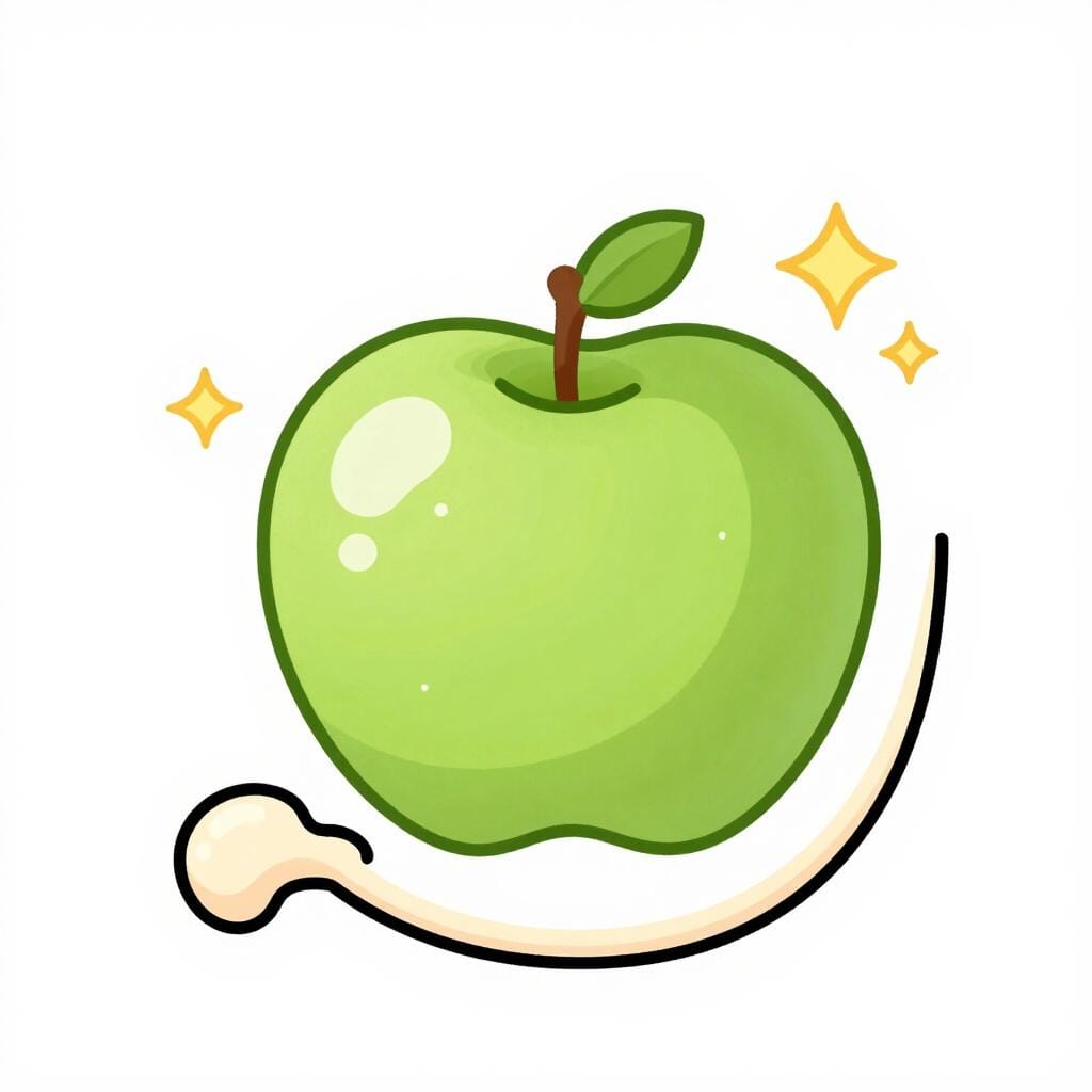 A colorful illustration of a friendly green apple sitting inside a stomach shape, glowing softly as it is broken down.