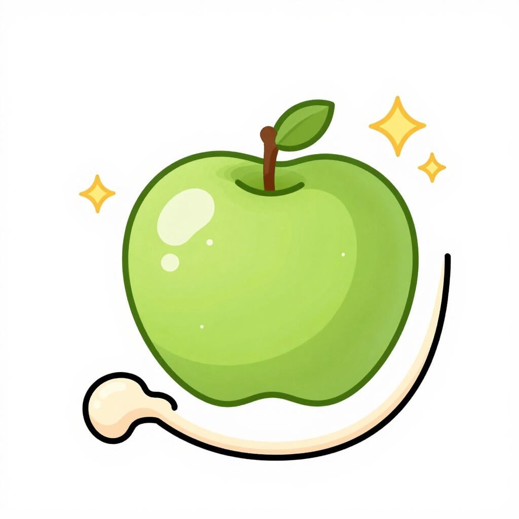 A colorful illustration of a friendly green apple sitting inside a stomach shape, glowing softly as it is broken down.