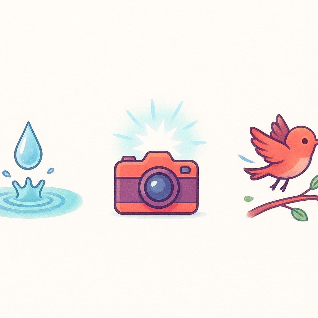 A series of three small, distinct, colorful vignettes arranged horizontally, depicting fleeting actions: a single raindrop hitting a puddle, a camera flash going off, and a tiny bird taking flight from a branch.