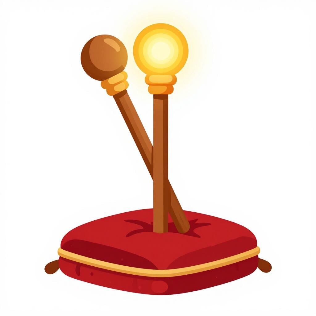 A polished wooden staff with a golden top resting on a velvet cushion.