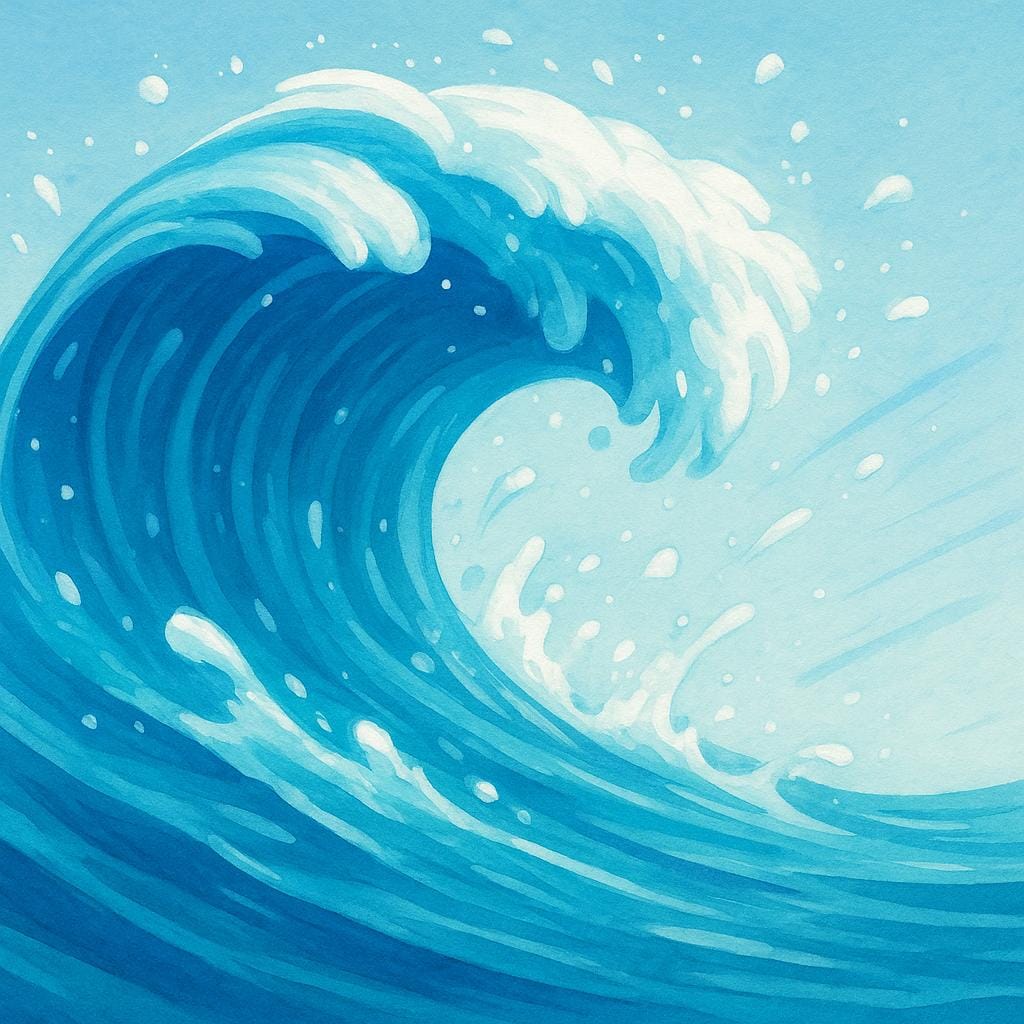 A dynamic illustration showing a sudden, forceful wave of blue water surging forward rapidly.