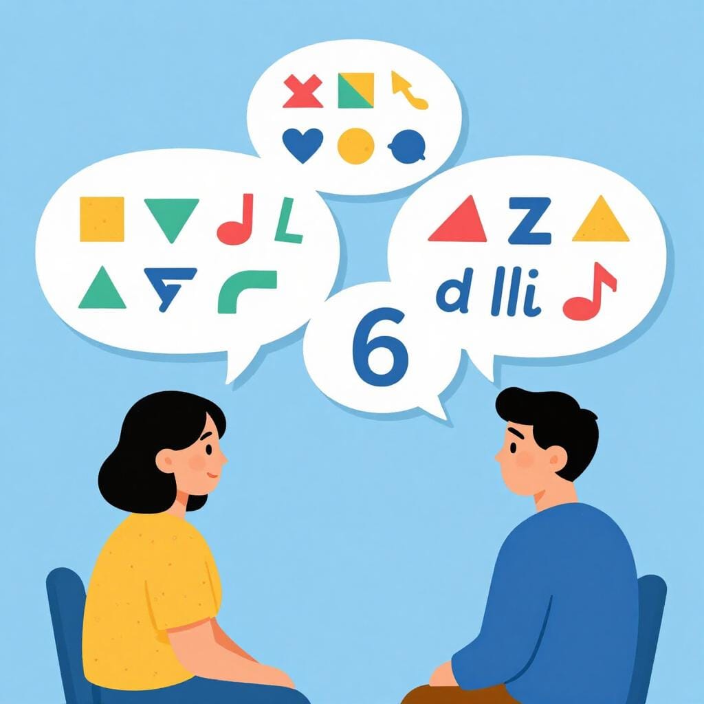 다양한 색상의 도형과 기호가 포함된 말풍선과 함께 대화하는 두 사람의 다채로운 삽화. 언어를 나타내는 기호들.