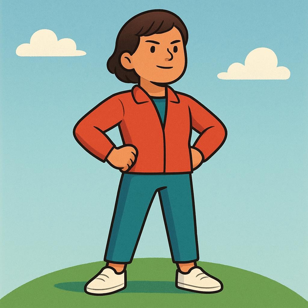 A young person with a determined expression, flexing a small muscle, symbolizing strong character and personality.