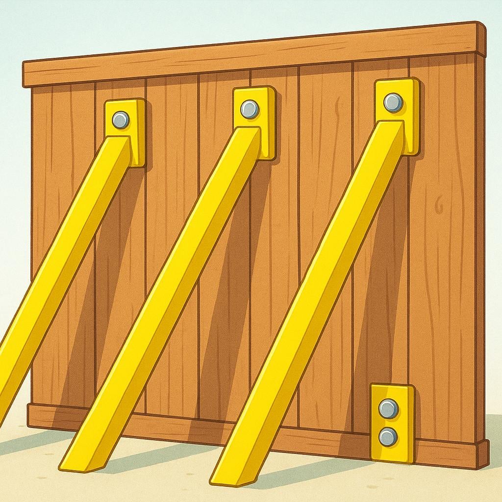 A simple wooden wall structure being strengthened by three thick, newly installed yellow steel support beams.