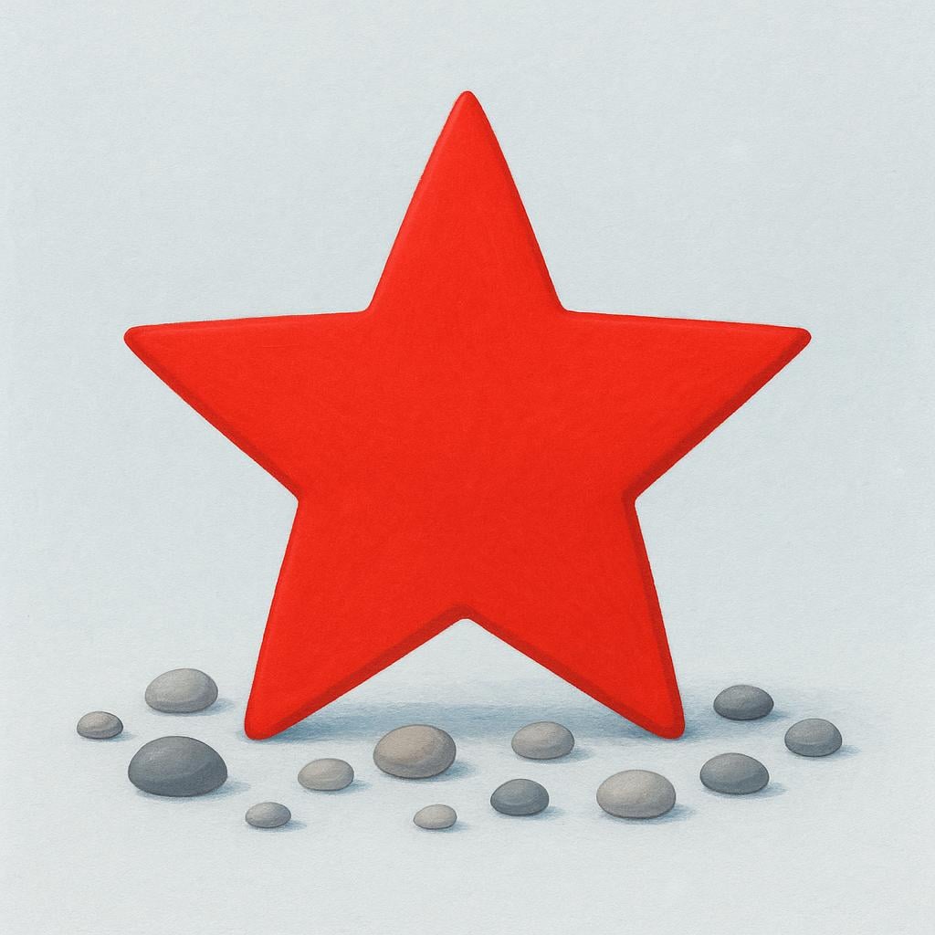 A large, brightly glowing red star sits in the center, drawing all attention, surrounded by several small, dull gray pebbles scattered on the ground.