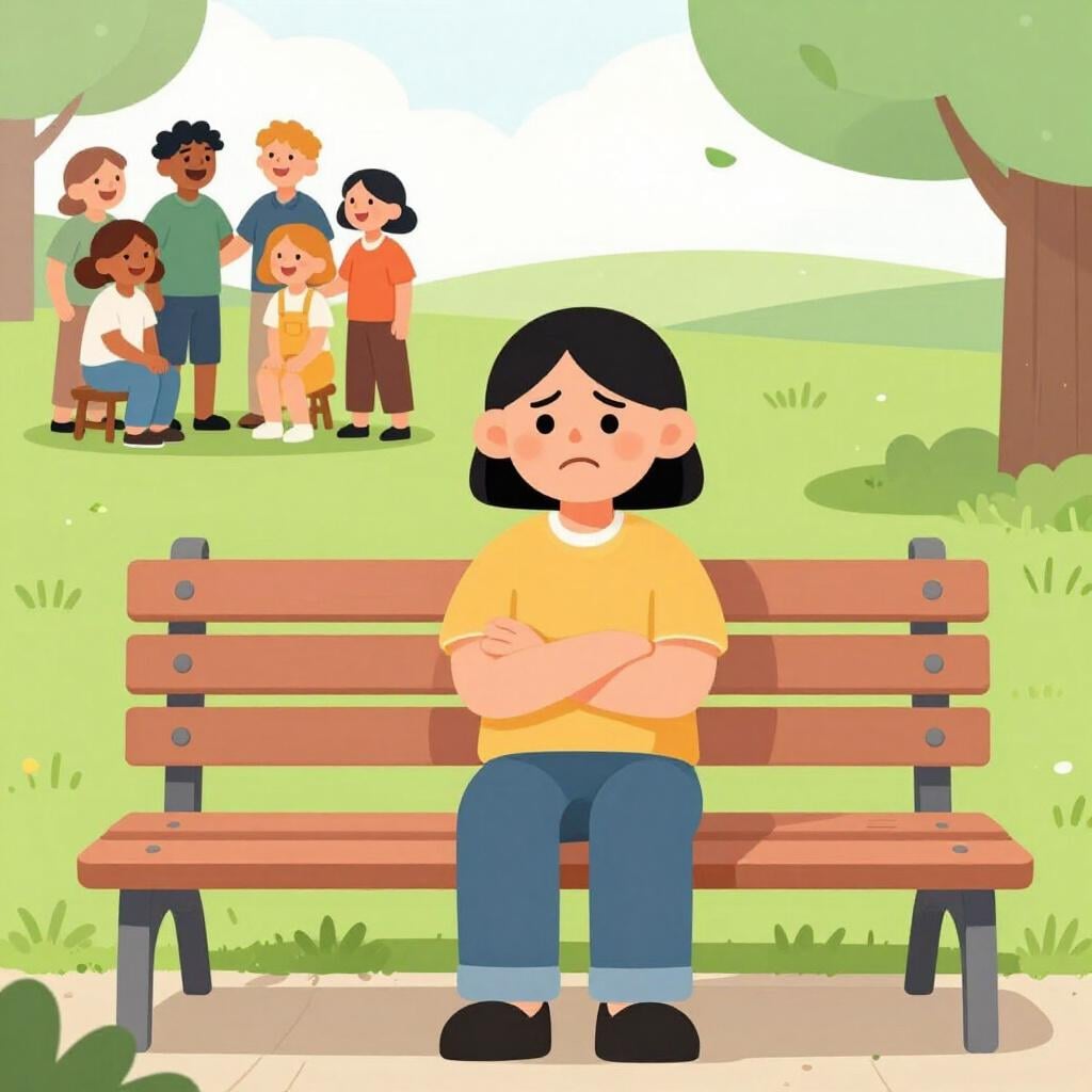 A person sitting alone on a park bench with a grumpy expression and crossed arms, looking away from a happy group in the background.