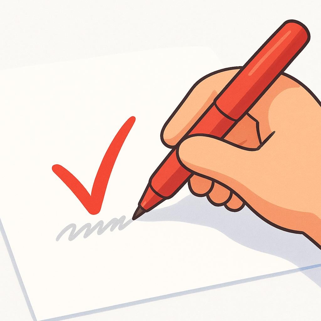A close-up view of a red pen held by a hand, making a checkmark on a piece of paper, symbolizing the act of fixing mistakes.