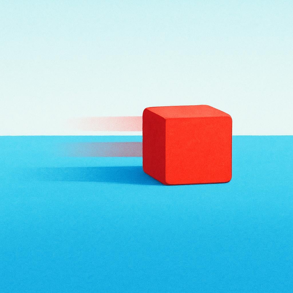 A simple illustration of a small red cube sliding across a flat, bright blue surface, clearly indicating movement and a shift in position.