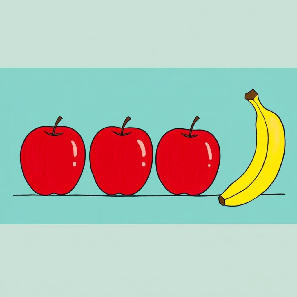 A row of three identical bright red apples, with a single bright yellow banana placed among them, illustrating the concept of 'not the same'.