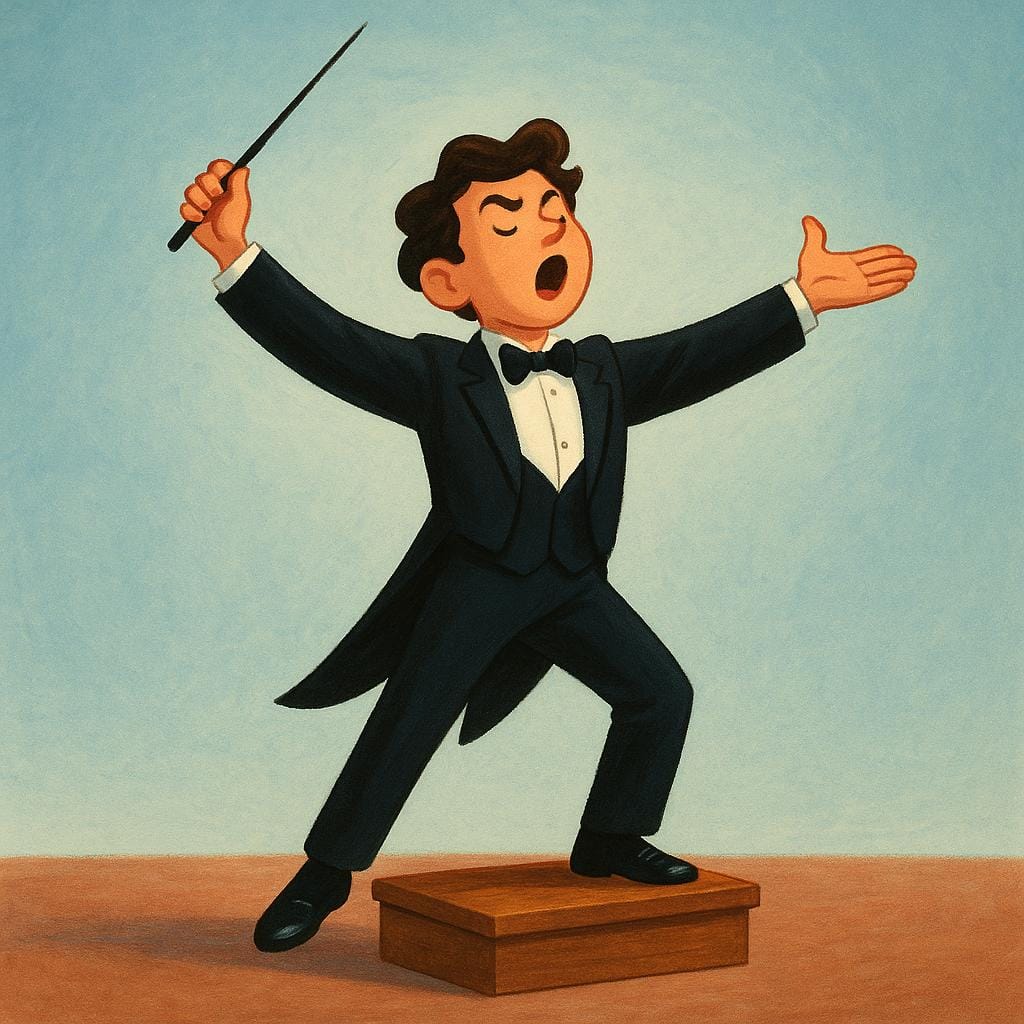 A conductor standing on a small podium, holding a baton and making a sweeping gesture, actively directing an unseen orchestra.