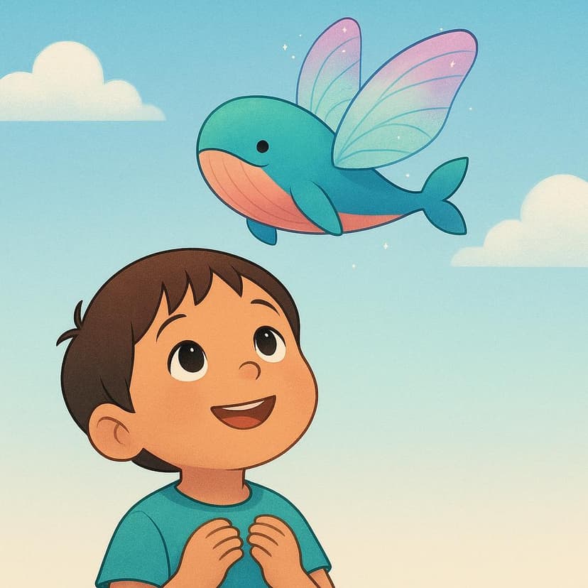 A child smiling while looking up at a brightly colored, imagined object floating above their head, specifically a small, colorful whale with wings.