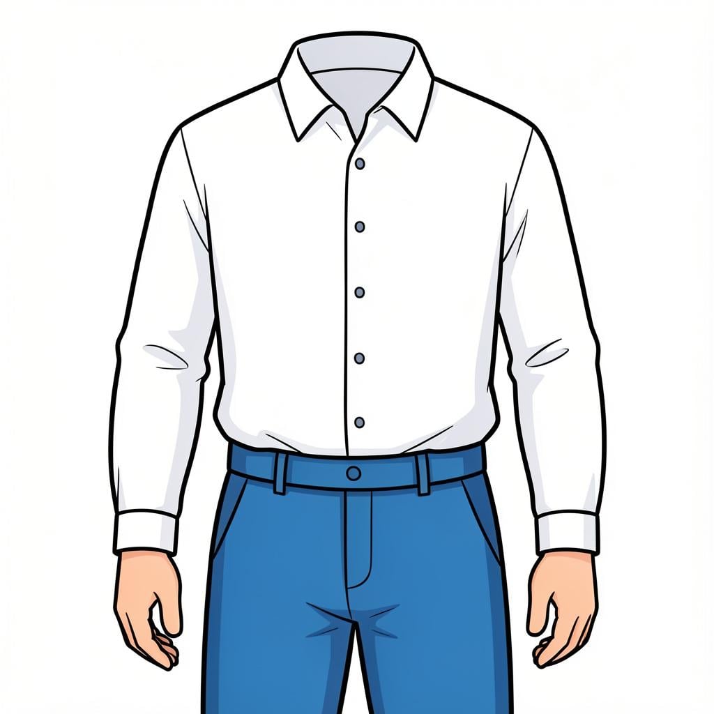 A white button-down shirt neatly tucked into the waistband of a pair of blue trousers.