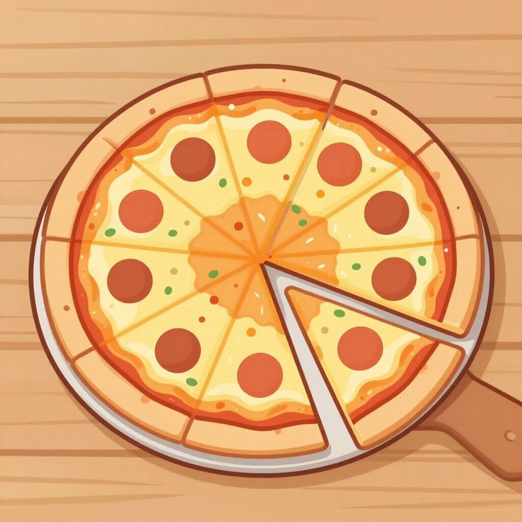 En färgglad bokillustration av en skivad pizza där en bit är separerad för att visa dess förhållande till hela pizzan.