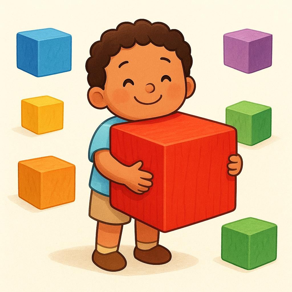 A small child happily hugging a unique, bright red toy cube, emphasizing that it is theirs.