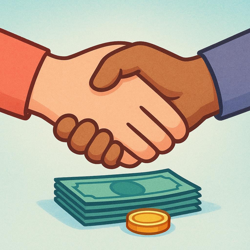A simple illustration showing two cartoon hands shaking firmly above a small stack of money and a single gold coin, symbolizing a financial transaction.