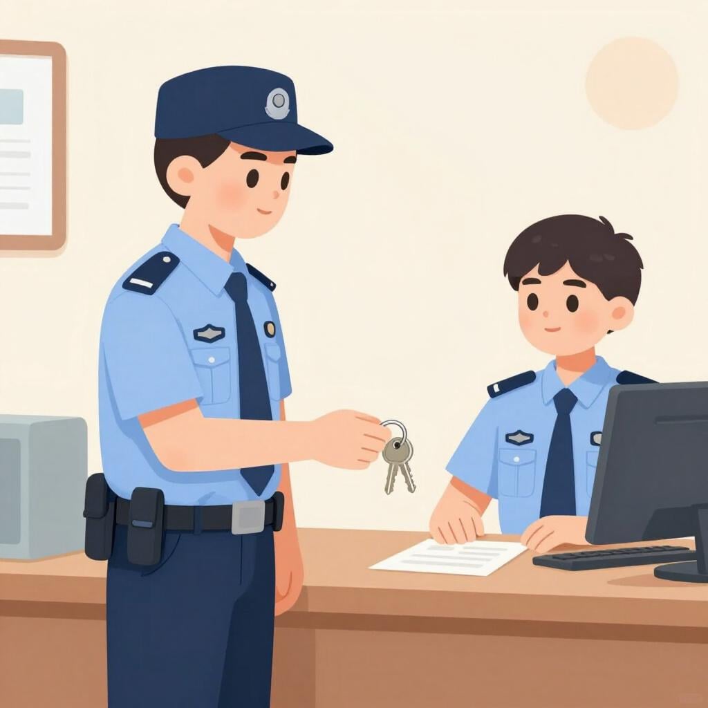 A security guard in a blue uniform handing a set of keys to another security guard in the same uniform at a desk.