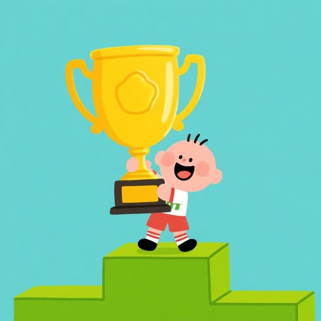 Um personagem alegre segura orgulhosamente um grande troféu dourado no alto, após alcançar um ponto elevado, simbolizando a obtenção de algo valioso através do esforço.