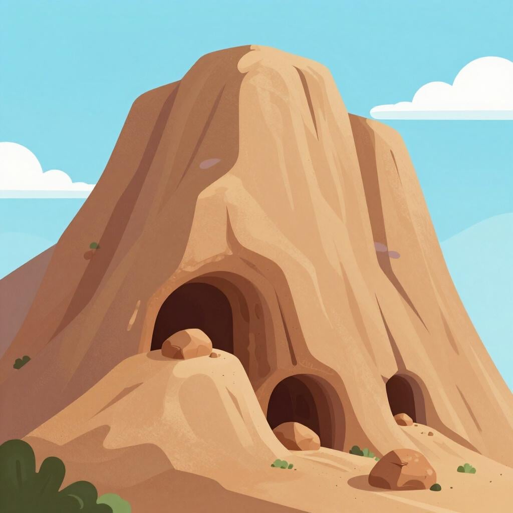 Ein detaillierter Querschnitt eines Berges, der seine inneren Höhlen und Tunnel zeigt.